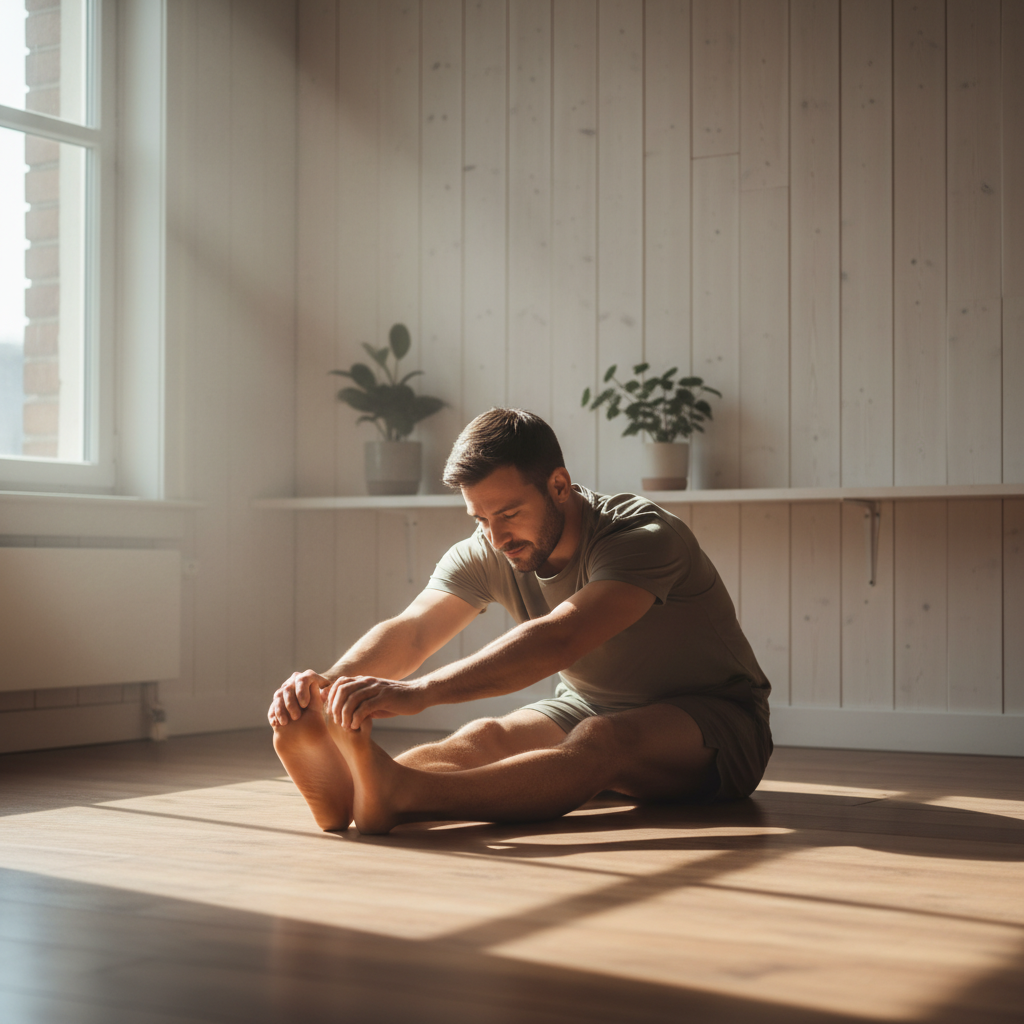 Homme effectuant des étirements au sol dans une pièce lumineuse aux murs en bois naturel, posture de flexibilité calme
