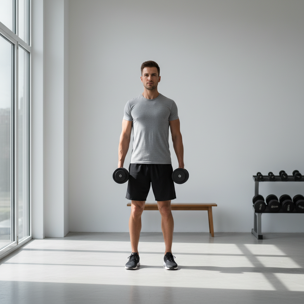 Homme effectuant un exercice de force avec des haltères simples dans un espace minimaliste, lumière naturelle de côté, corps en position neutre